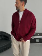 Мужской Классический Вязаный Бордовый Кардиган Свободного Кроя со Змейкой