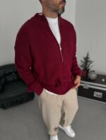 Мужской Классический Вязаный Бордовый Кардиган Свободного Кроя со Змейкой