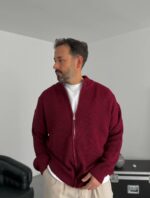 Мужской Классический Вязаный Бордовый Кардиган Свободного Кроя со Змейкой