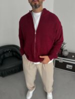 Мужской Классический Вязаный Бордовый Кардиган Свободного Кроя со Змейкой