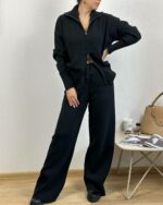 Женский Трикотажный Черный Костюм Свободного Кроя на Молнии (Кофта + Штаны)