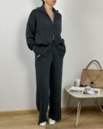 Женский Трикотажный Графитовый Костюм Свободного Кроя на Молнии (Кофта + Штаны)