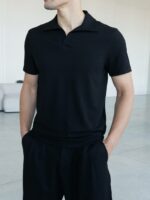 Мужская Трикотажная Черная Классическая Футболка Поло с Воротником