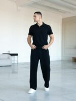 Мужская Трикотажная Черная Классическая Футболка Поло с Воротником