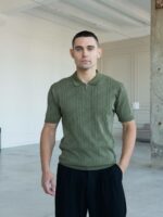 Мужская Классическая Трикотажная Футболка Хаки с Воротником Поло на Замке