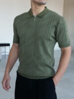 Мужская Классическая Трикотажная Футболка Хаки с Воротником Поло на Замке