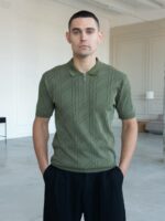 Мужская Классическая Трикотажная Футболка Хаки с Воротником Поло на Замке