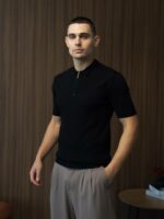 Мужская Классическая Трикотажная Черная Футболка с Воротником Поло на Замке