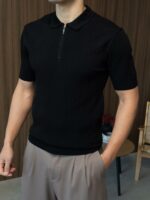 Мужская Классическая Трикотажная Черная Футболка с Воротником Поло на Замке
