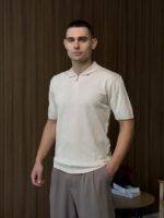 Мужская Классическая Трикотажная Кремовая Футболка с Воротником Поло на Замке