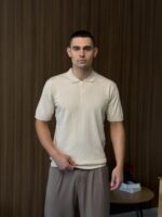 Мужская Классическая Трикотажная Кремовая Футболка с Воротником Поло на Замке