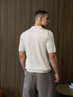 Мужская Классическая Трикотажная Кремовая Футболка с Воротником Поло на Замке