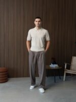 Мужская Классическая Трикотажная Кремовая Футболка с Воротником Поло на Замке