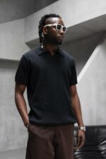 Мужская Базовая Трикотажная Черная Футболка Свободного Кроя с Воротником Поло