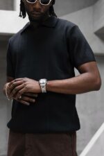 Мужская Базовая Трикотажная Черная Футболка Свободного Кроя с Воротником Поло