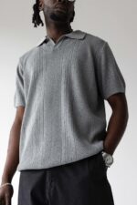 Мужская Базовая Трикотажная Серая Футболка Свободного Кроя с Воротником Поло