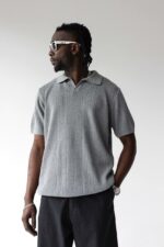 Мужская Базовая Трикотажная Серая Футболка Свободного Кроя с Воротником Поло