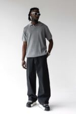 Мужская Базовая Трикотажная Серая Футболка Свободного Кроя с Воротником Поло