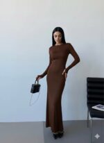 Женское Силуэтное Коричневое Платье - Длинное Облегающего Кроя