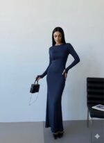 Женское Силуэтное Темно-Синее Платье - Длинное Облегающего Кроя