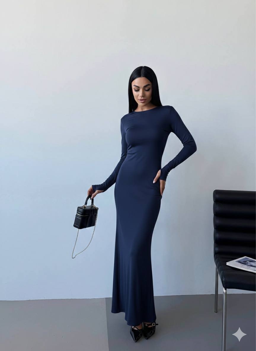photo_2026-02-24_11-23-49 Женское Силуэтное Темно-Синее Платье - Длинное Облегающего Кроя