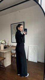 Женский Трикотажный Черный Костюм Кофта Штаны - Базовый Свободный на Молнии