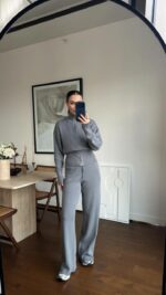 Женский Трикотажный Серый Костюм Кофта Штаны - Базовый Свободный на Молнии