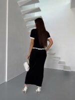 Женский Элегантный Черный Костюм Двойка с Белыми Рюшами - Жакет на Пуговицах + Длинная Юбка