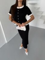 Женский Элегантный Черный Костюм Двойка с Белыми Рюшами - Жакет на Пуговицах + Длинная Юбка