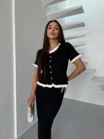 Женский Элегантный Черный Костюм Двойка с Белыми Рюшами - Жакет на Пуговицах + Длинная Юбка