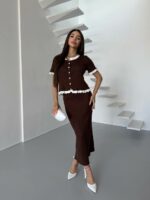 Женский Элегантный Шоколадный Костюм Двойка с Белыми Рюшами - Жакет на Пуговицах + Длинная Юбка