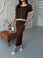 Женский Элегантный Шоколадный Костюм Двойка с Белыми Рюшами - Жакет на Пуговицах + Длинная Юбка