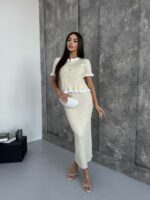 Женский Элегантный Молочный Костюм Двойка с Белыми Рюшами - Жакет на Пуговицах + Длинная Юбка