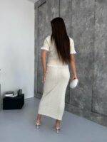 Женский Элегантный Молочный Костюм Двойка с Белыми Рюшами - Жакет на Пуговицах + Длинная Юбка