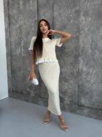 Женский Элегантный Молочный Костюм Двойка с Белыми Рюшами - Жакет на Пуговицах + Длинная Юбка