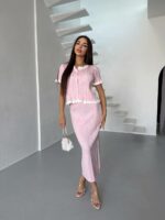 Женский Элегантный Розовый Костюм Двойка с Белыми Рюшами - Жакет на Пуговицах + Длинная Юбка