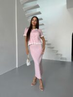 Женский Элегантный Розовый Костюм Двойка с Белыми Рюшами - Жакет на Пуговицах + Длинная Юбка