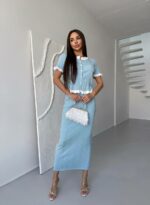 Женский Элегантный Голубой Костюм Двойка с Белыми Рюшами - Жакет на Пуговицах + Длинная Юбка