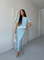 Женский Элегантный Голубой Костюм Двойка с Белыми Рюшами - Жакет на Пуговицах + Длинная Юбка