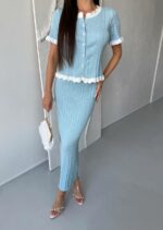 Женский Элегантный Голубой Костюм Двойка с Белыми Рюшами - Жакет на Пуговицах + Длинная Юбка