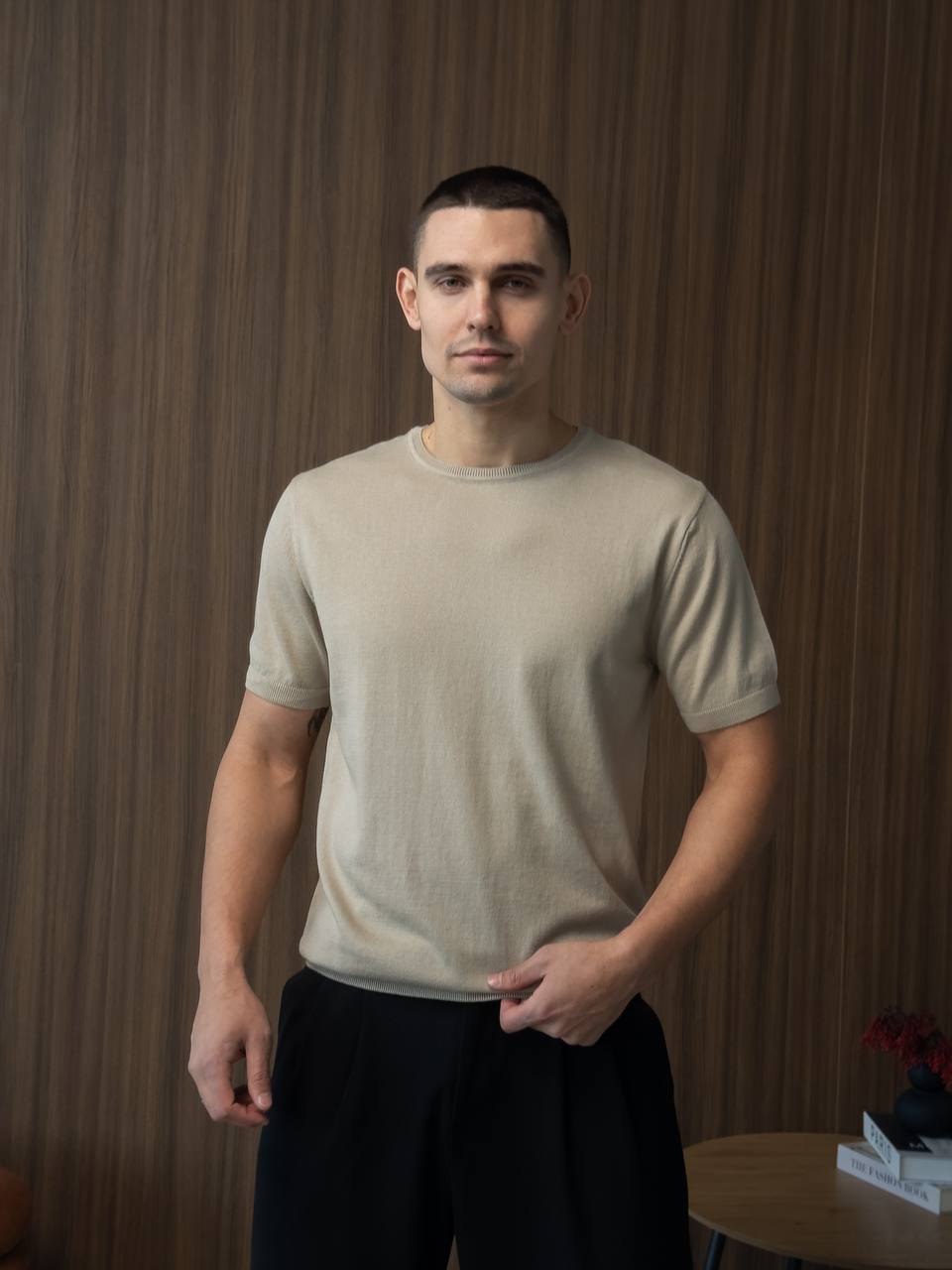 photo_2026-02-24_15-24-23 Мужская Бежевая Футболка - Базовая Хлопковая