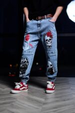 Мужские Голубые Джинсы Джоггеры Свободного Кроя в Принтах