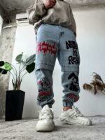 Мужские Голубые Джинсы Джоггеры Свободного Кроя с Принтами
