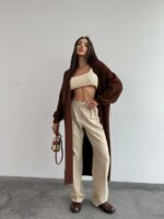 Женский Мягкий Длинный Коричневый Кардиган Свободного Кроя