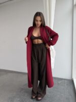 Женский Мягкий Длинный Бордовый Кардиган Свободного Кроя