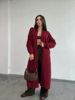 Женский Мягкий Длинный Бордовый Кардиган Свободного Кроя