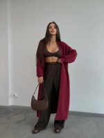 Женский Мягкий Длинный Бордовый Кардиган Свободного Кроя