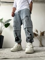 Мужские Светло-Голубые Джинсы Джоггеры Свободного Кроя с Принтами