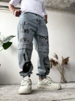 Мужские Светло-Голубые Джинсы Джоггеры Свободного Кроя с Принтами