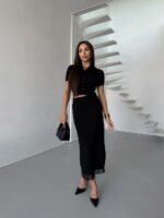 Женский Нежный Черный Костюм Двойка с Кружевом - Топ на Пуговицах + Юбка Миди